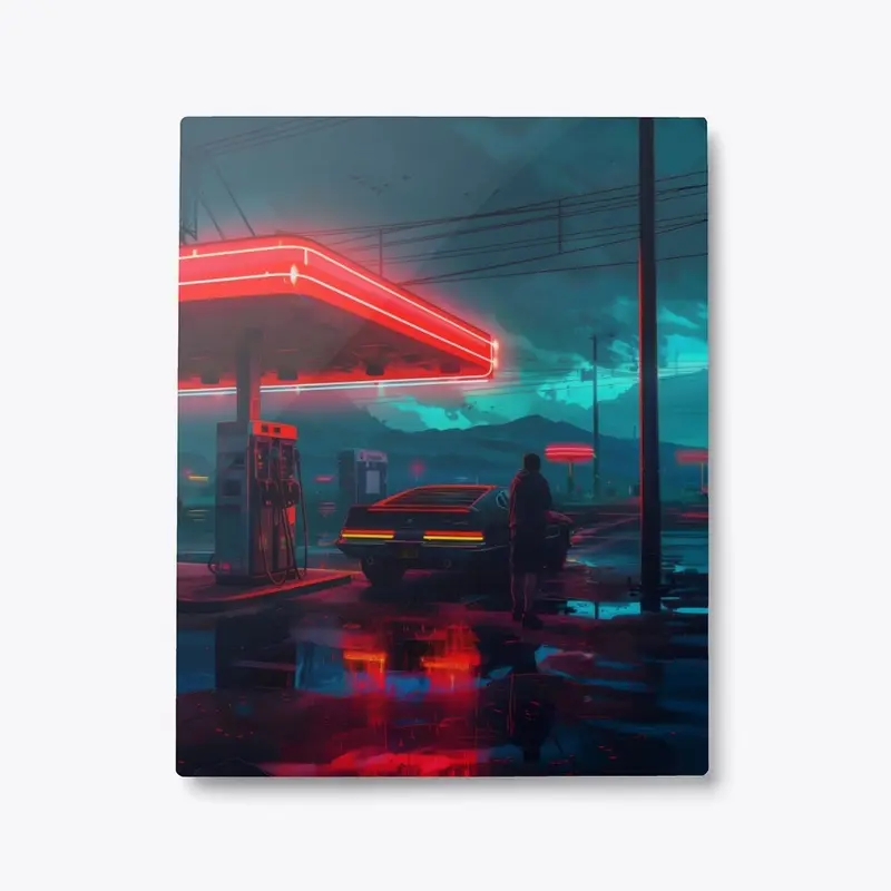 Metal Print Neon Lit Gas Station